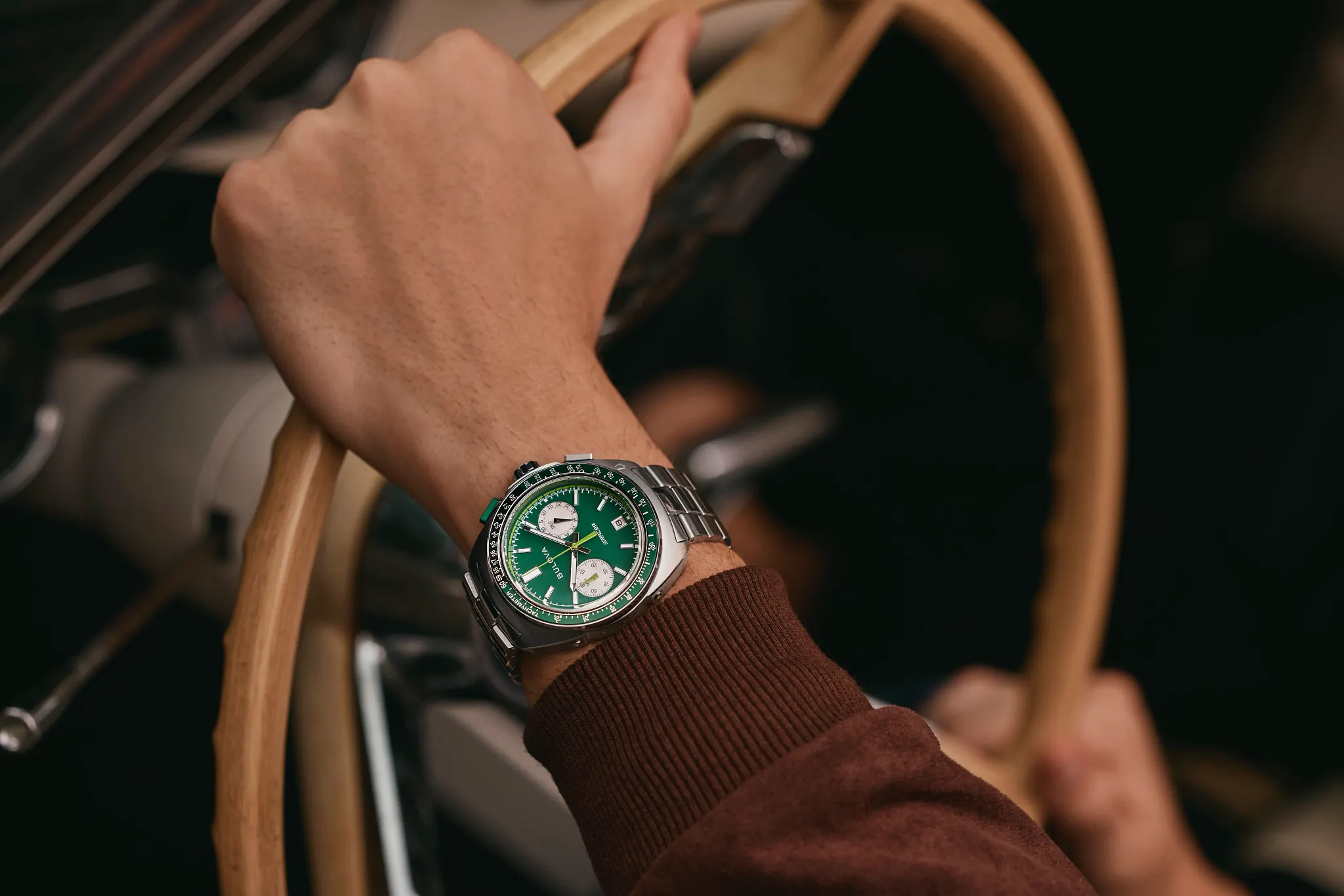 Green Dial Stainless Steel Bracelet Racer Chronograph 98B468 | Bulova